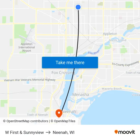 W First & Sunnyview to Neenah, WI map