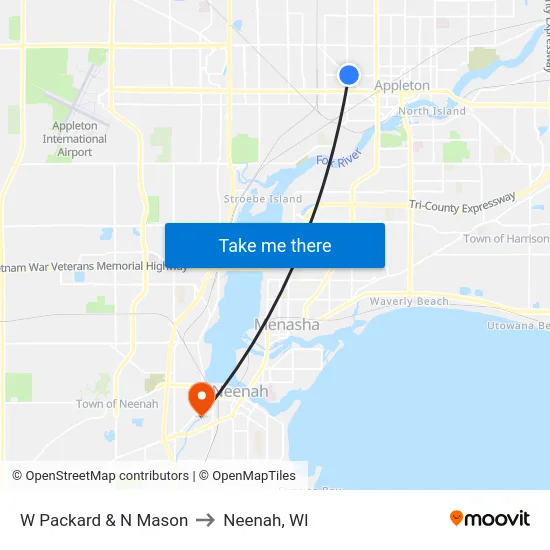 W Packard & N Mason to Neenah, WI map