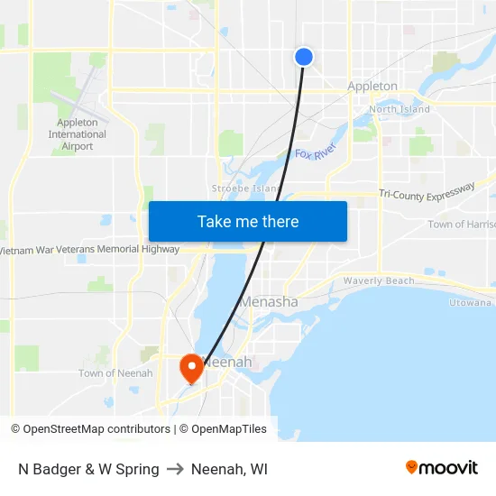 N Badger & W Spring to Neenah, WI map