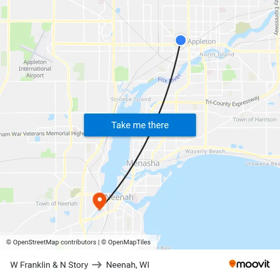 W Franklin & N Story to Neenah, WI map