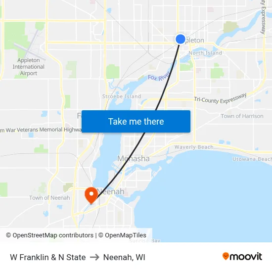 W Franklin & N State to Neenah, WI map
