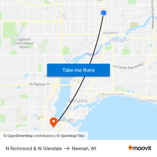 N Richmond & W Glendale to Neenah, WI map