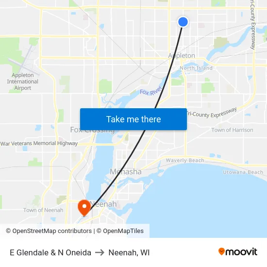 E Glendale & N Oneida to Neenah, WI map