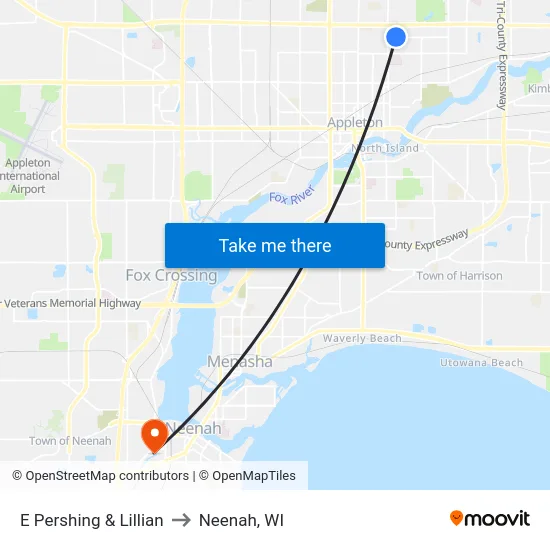 E Pershing & Lillian to Neenah, WI map