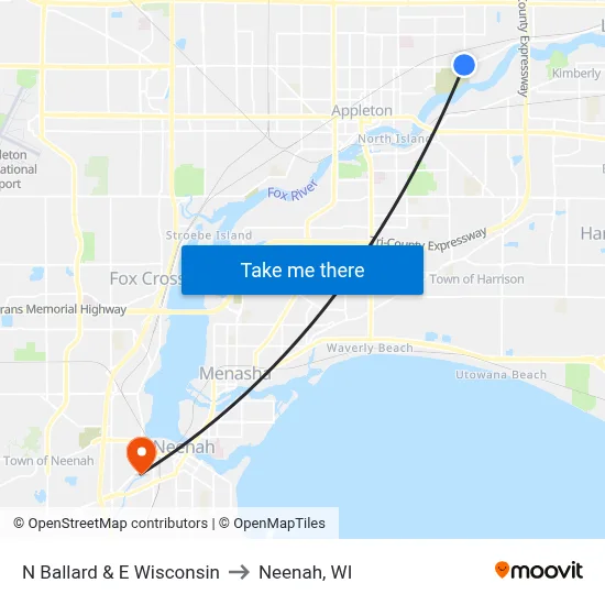 N Ballard & E Wisconsin to Neenah, WI map