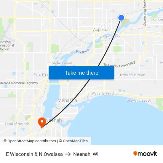 E Wisconsin & N Owaissa to Neenah, WI map
