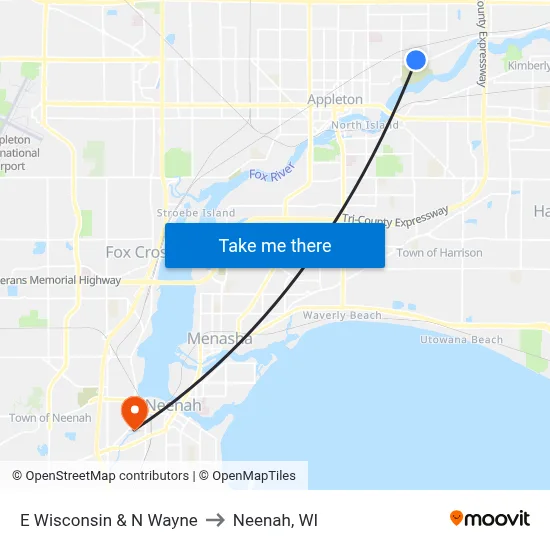 E Wisconsin & N Wayne to Neenah, WI map