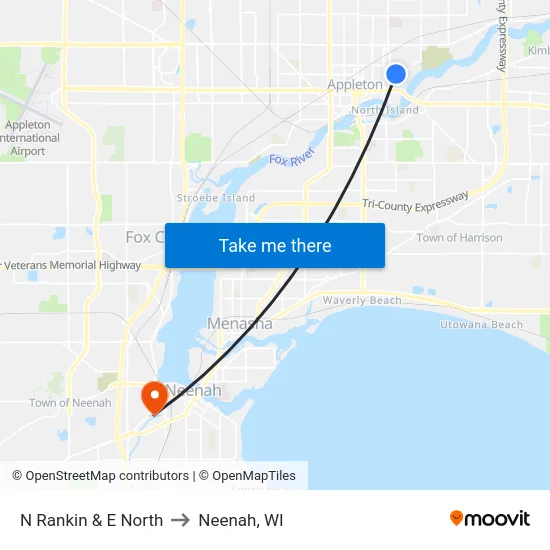 N Rankin & E North to Neenah, WI map