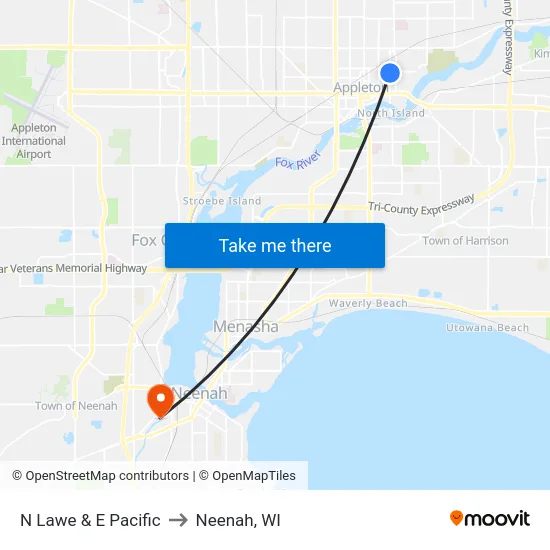 N Lawe & E Pacific to Neenah, WI map