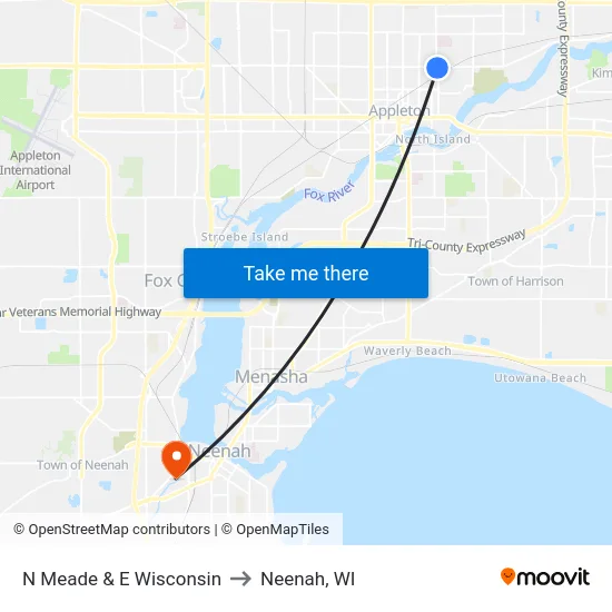 N Meade & E Wisconsin to Neenah, WI map