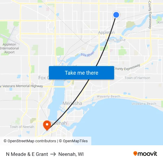 N Meade & E Grant to Neenah, WI map