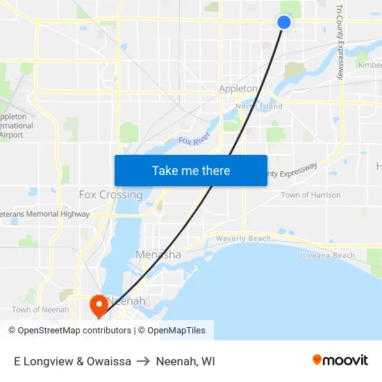 E Longview & Owaissa to Neenah, WI map