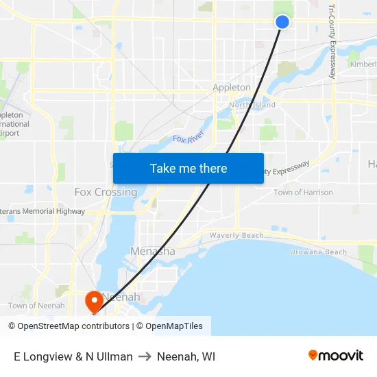 E Longview & N Ullman to Neenah, WI map