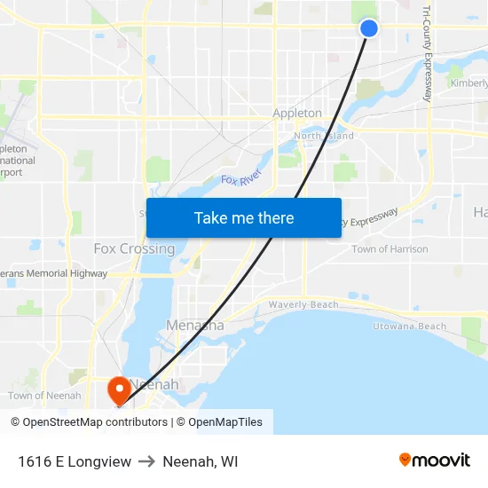 1616 E Longview to Neenah, WI map