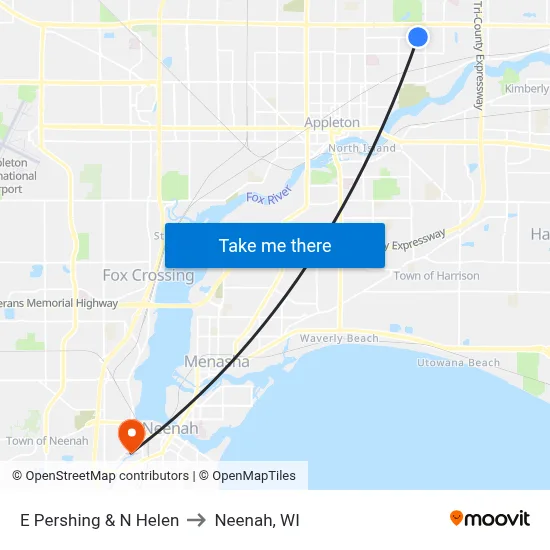 E Pershing & N Helen to Neenah, WI map