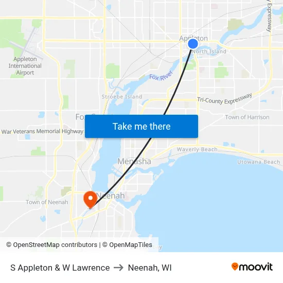 S Appleton & W Lawrence to Neenah, WI map