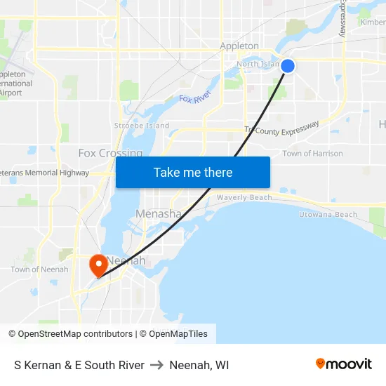 S Kernan & E South River to Neenah, WI map
