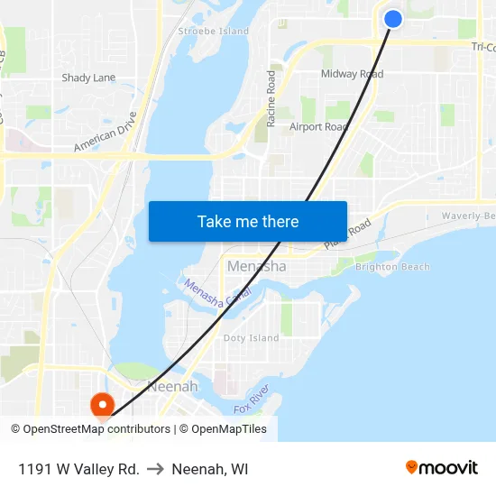 1191 W Valley Rd. to Neenah, WI map