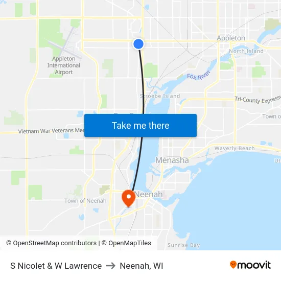 S Nicolet & W Lawrence to Neenah, WI map