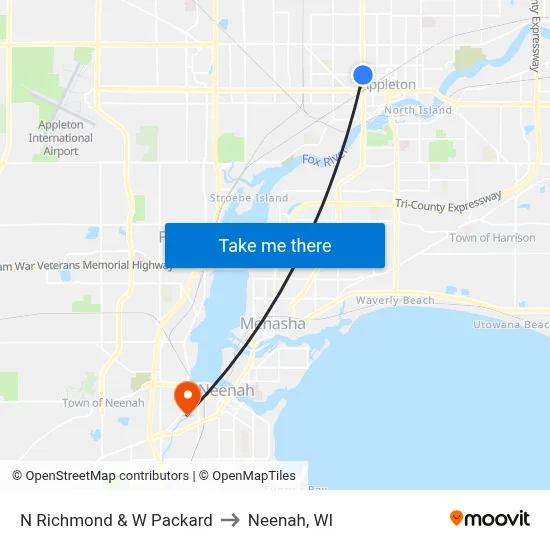 N Richmond & W Packard to Neenah, WI map
