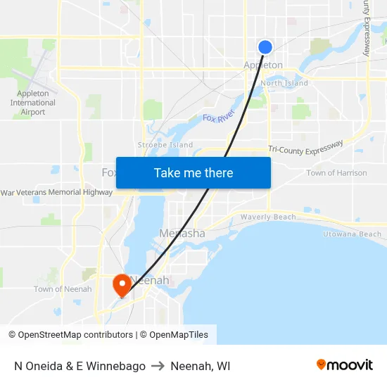 N Oneida & E Winnebago to Neenah, WI map