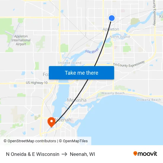 N Oneida & E Wisconsin to Neenah, WI map