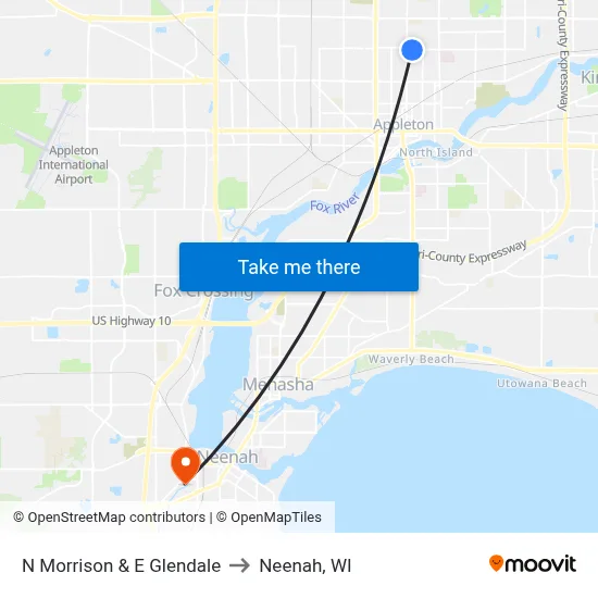 N Morrison &  E Glendale to Neenah, WI map