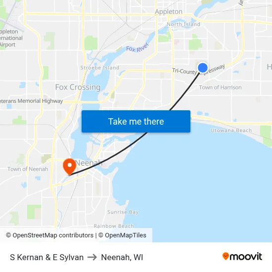 S Kernan & E Sylvan to Neenah, WI map