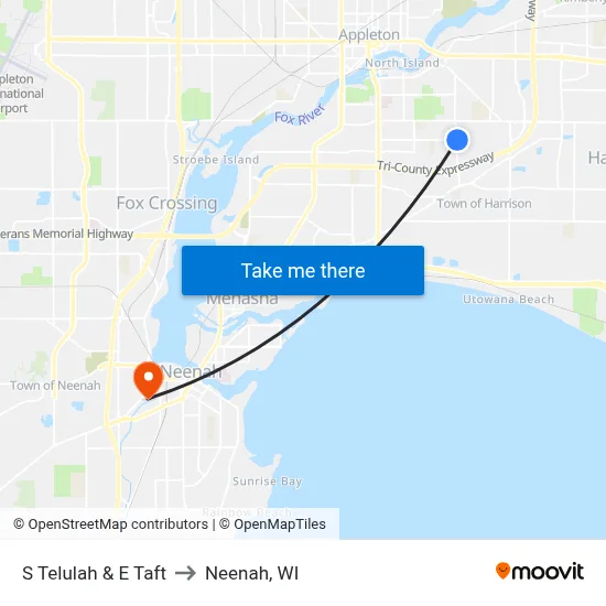 S Telulah & E Taft to Neenah, WI map