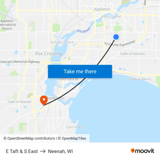 E Taft & S East to Neenah, WI map