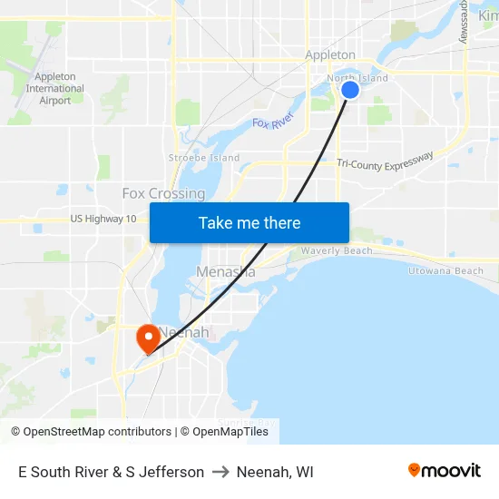 E South River & S Jefferson to Neenah, WI map
