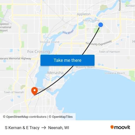 S Kernan & E Tracy to Neenah, WI map