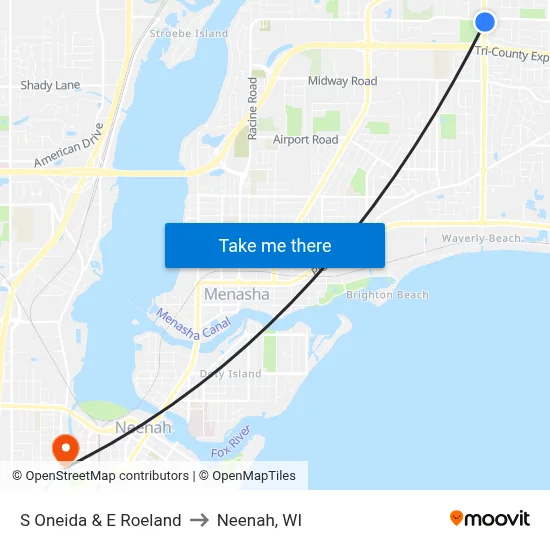 S Oneida & E Roeland to Neenah, WI map