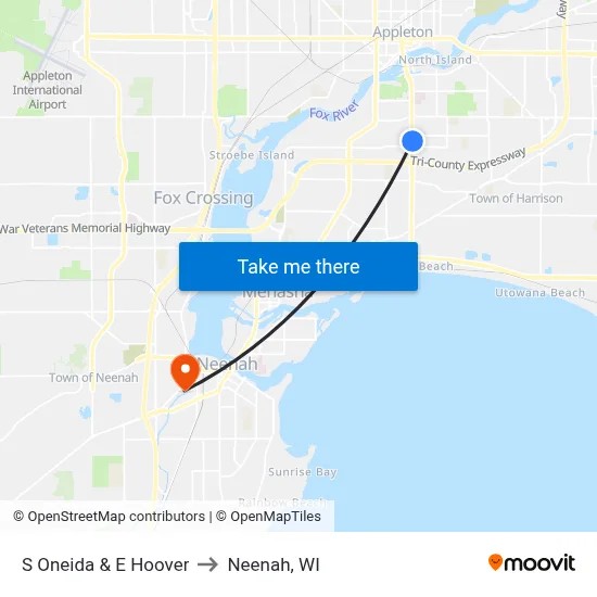 S Oneida & E Hoover to Neenah, WI map