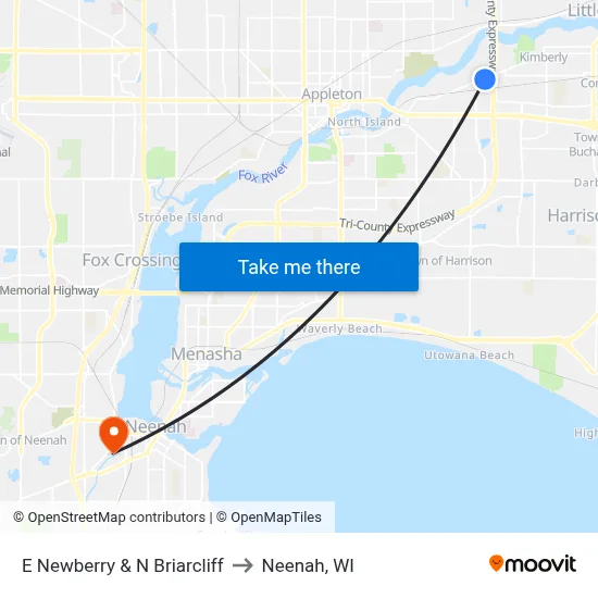 E Newberry & N Briarcliff to Neenah, WI map