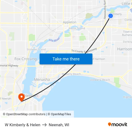 W Kimberly & Helen to Neenah, WI map