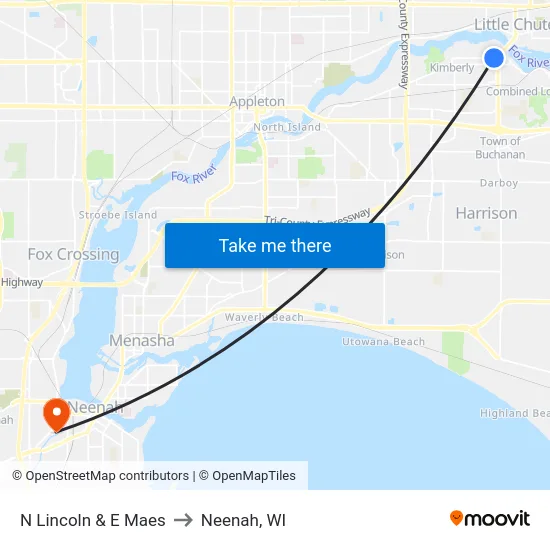 N Lincoln & E Maes to Neenah, WI map