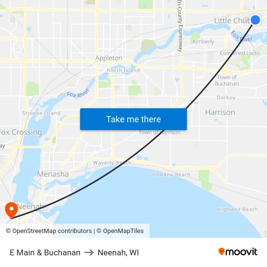 E Main & Buchanan to Neenah, WI map