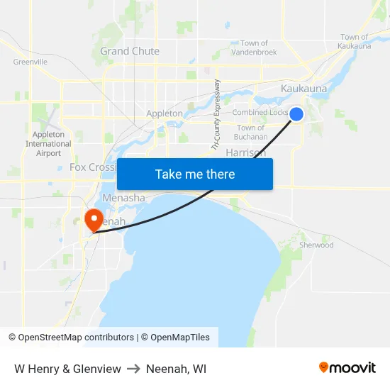 W Henry & Glenview to Neenah, WI map