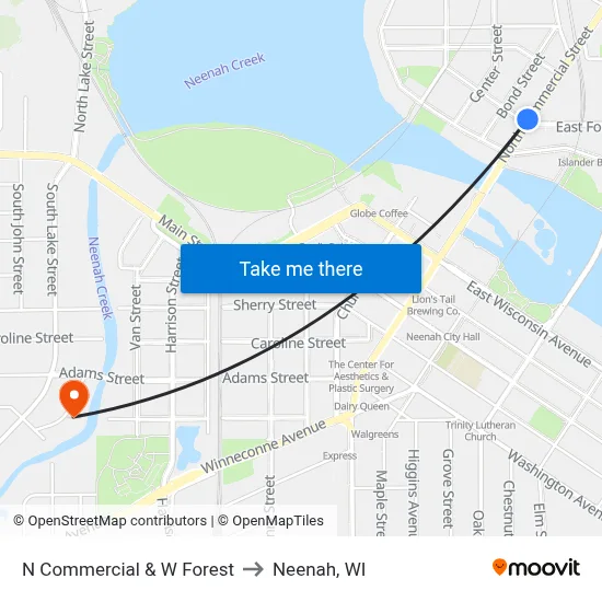 N Commercial & W Forest to Neenah, WI map