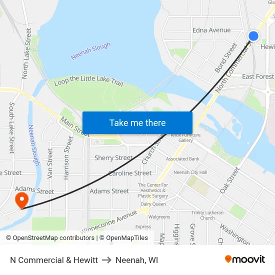 N Commercial & Hewitt to Neenah, WI map