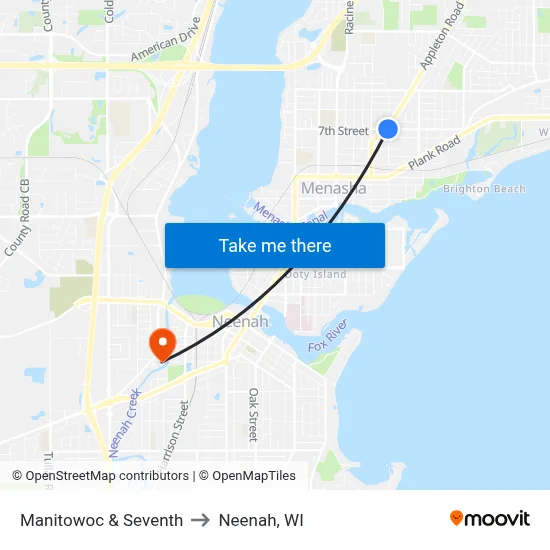 Manitowoc & Seventh to Neenah, WI map