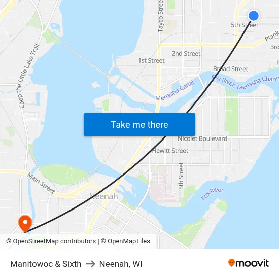 Manitowoc & Sixth to Neenah, WI map