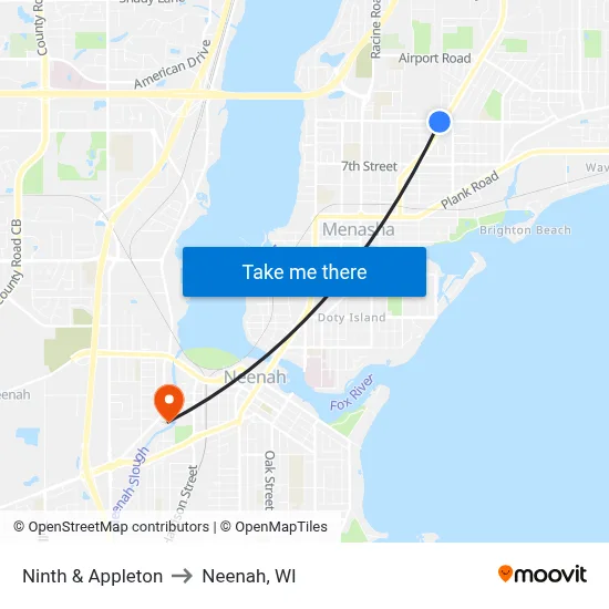 Ninth & Appleton to Neenah, WI map