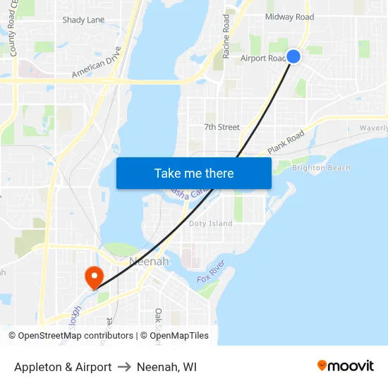 Appleton & Airport to Neenah, WI map