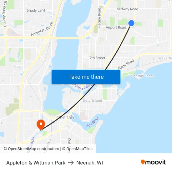 Appleton & Wittman Park to Neenah, WI map