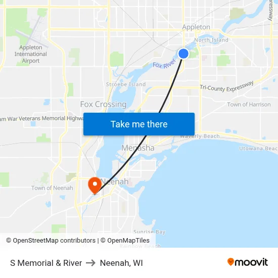 S Memorial & River to Neenah, WI map