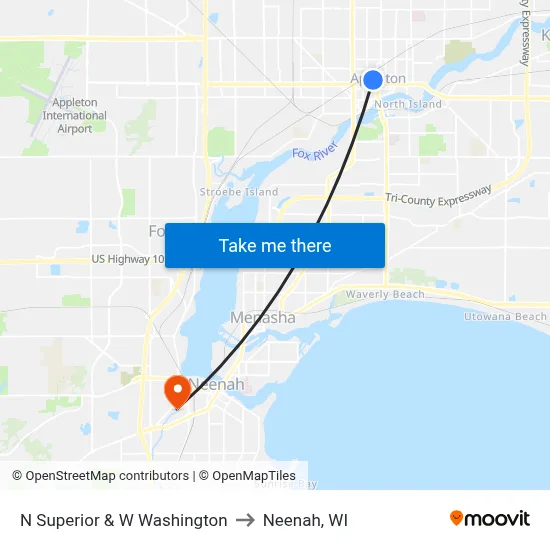N Superior & W Washington to Neenah, WI map