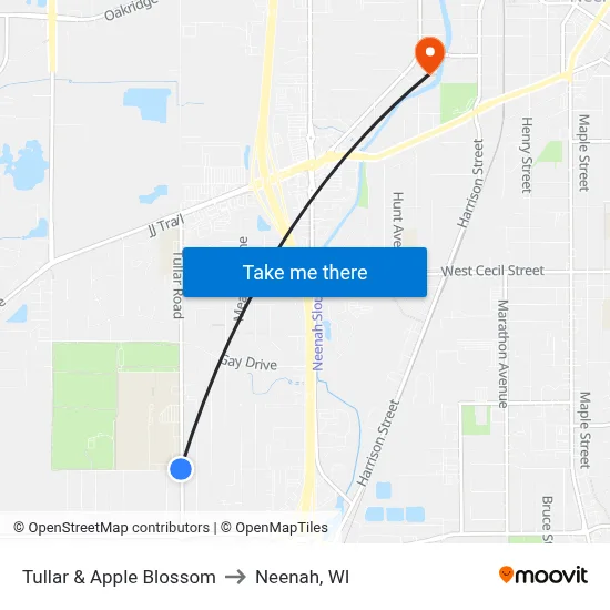 Tullar &  Apple Blossom to Neenah, WI map