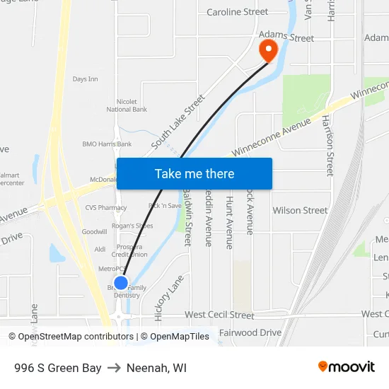 996 S Green Bay to Neenah, WI map